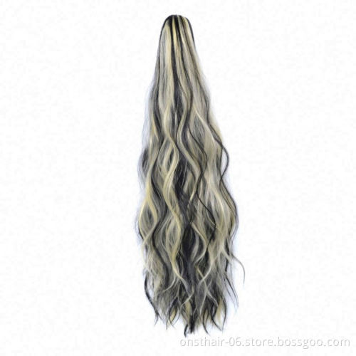 MYZYR 24inch Long Gray Blonde Wavy Clip on Hairpiece Extensions P ony Tail High Temperature Fiber Synthetic Hair Claw P onytails
